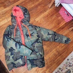 Kendall & Kylie Camouflage Puffer Jacket with Orange Accents